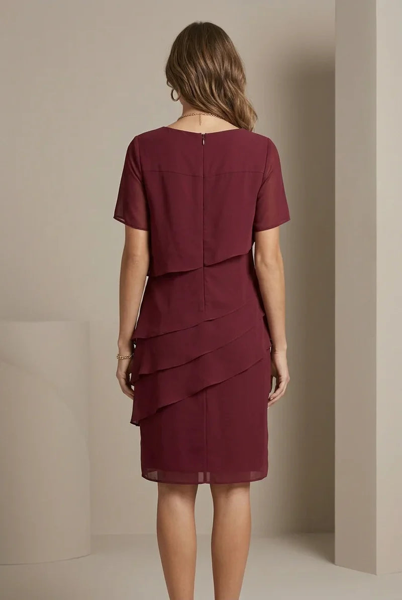 Layered Ruffle Midi Dress with Round Neck and Short Sleeves