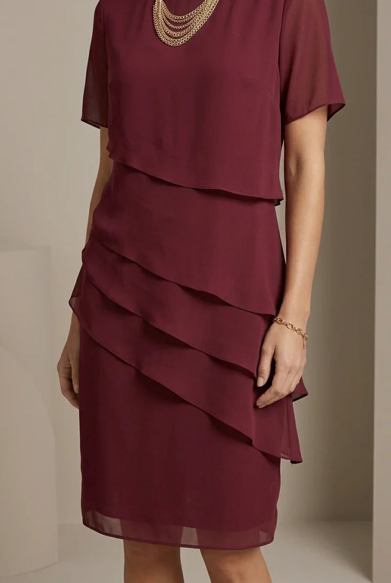 Layered Ruffle Midi Dress with Round Neck and Short Sleeves