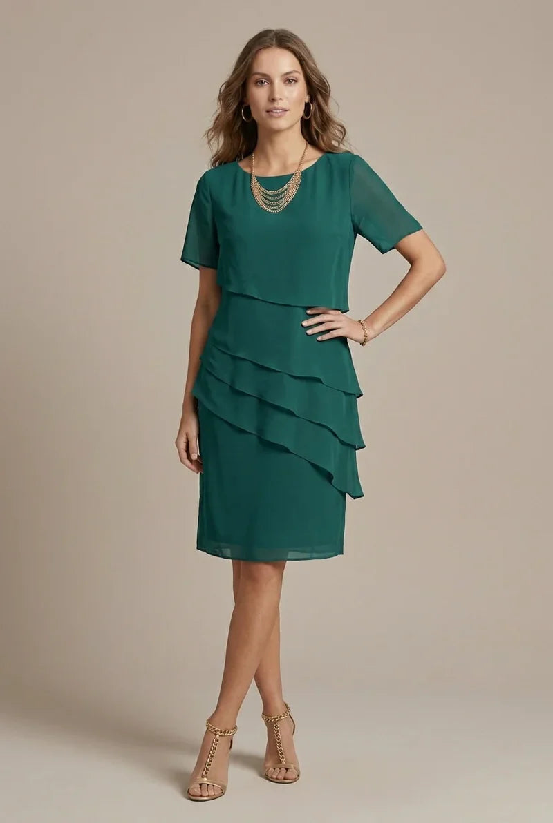 Layered Ruffle Midi Dress with Round Neck and Short Sleeves