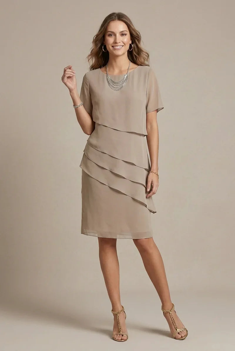 Layered Ruffle Midi Dress with Round Neck and Short Sleeves