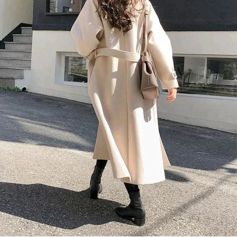 Long Coat with Waist Belt and Button Closure for Women