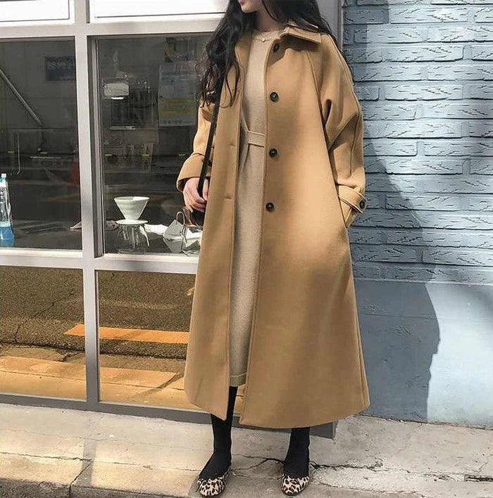 Long Coat with Waist Belt and Button Closure for Women
