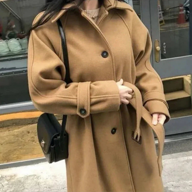 Long Coat with Waist Belt and Button Closure for Women