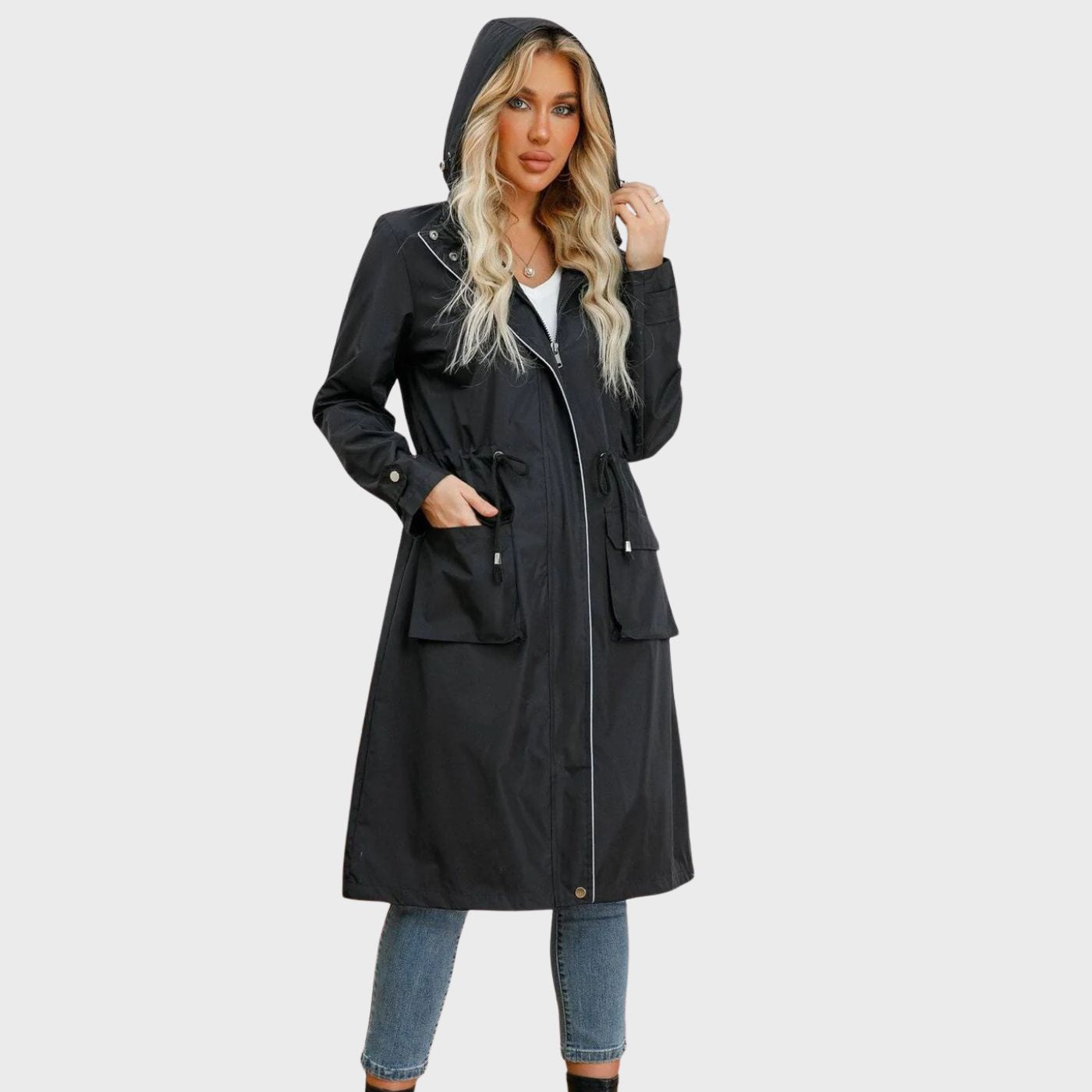 Long hooded coat with adjustable waist for women