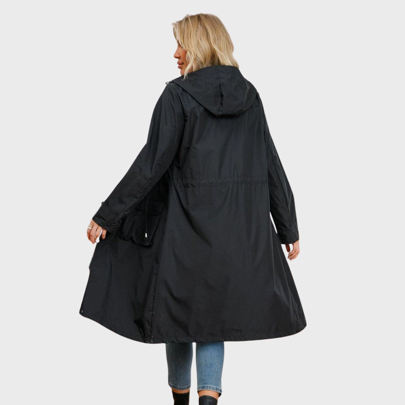 Long hooded coat with adjustable waist for women