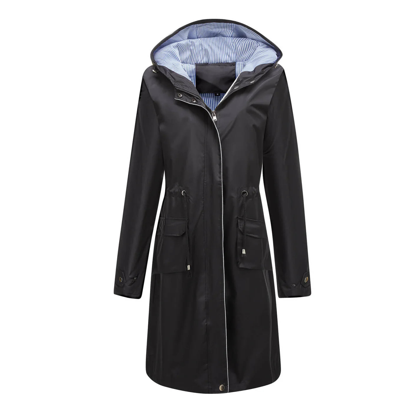 Long hooded coat with adjustable waist for women