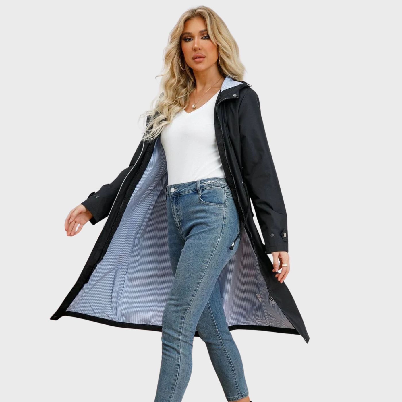 Long hooded coat with adjustable waist for women