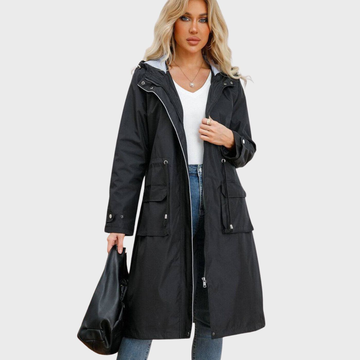 Long hooded coat with adjustable waist for women