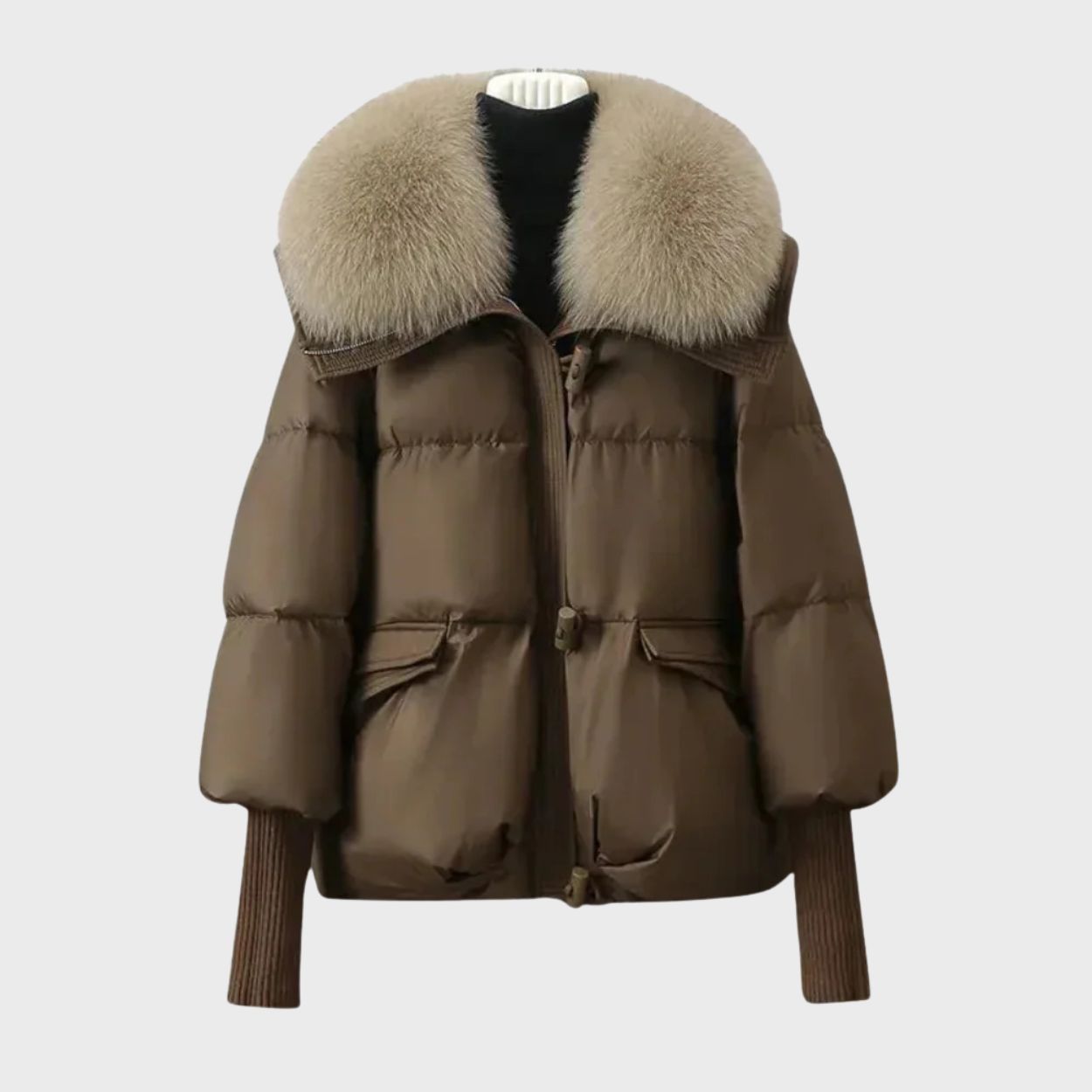 Long sleeve puffer jacket with faux fur collar for women