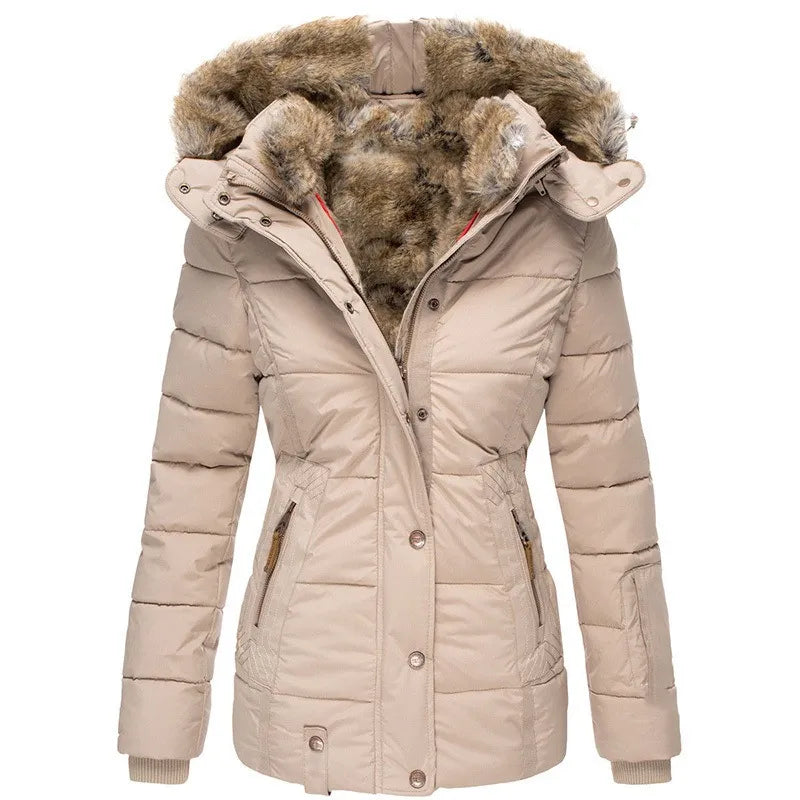 Long sleeve winter jacket with faux fur hood for women