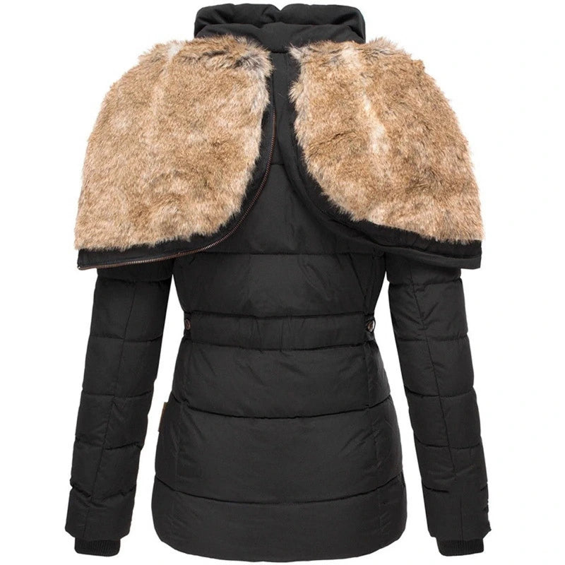 Long sleeve winter jacket with faux fur hood for women