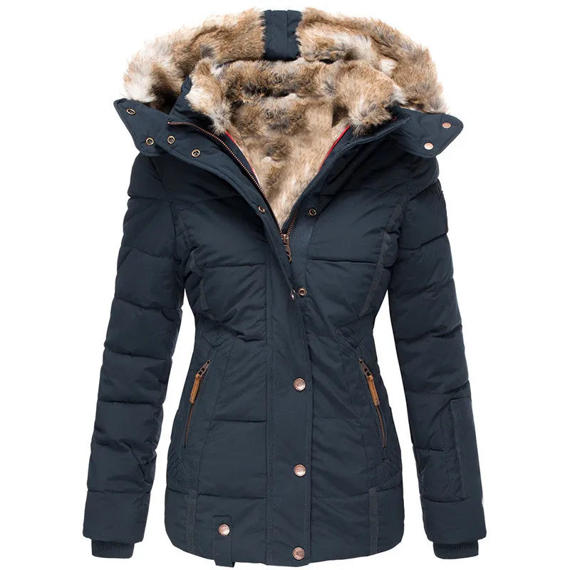 Long sleeve winter jacket with faux fur hood for women