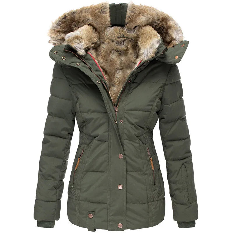 Long sleeve winter jacket with faux fur hood for women
