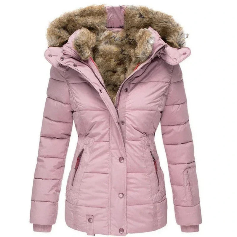 Long sleeve winter jacket with faux fur hood for women