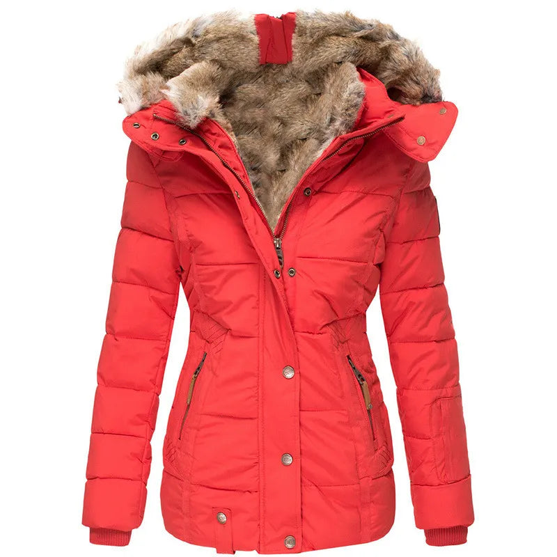Long sleeve winter jacket with faux fur hood for women