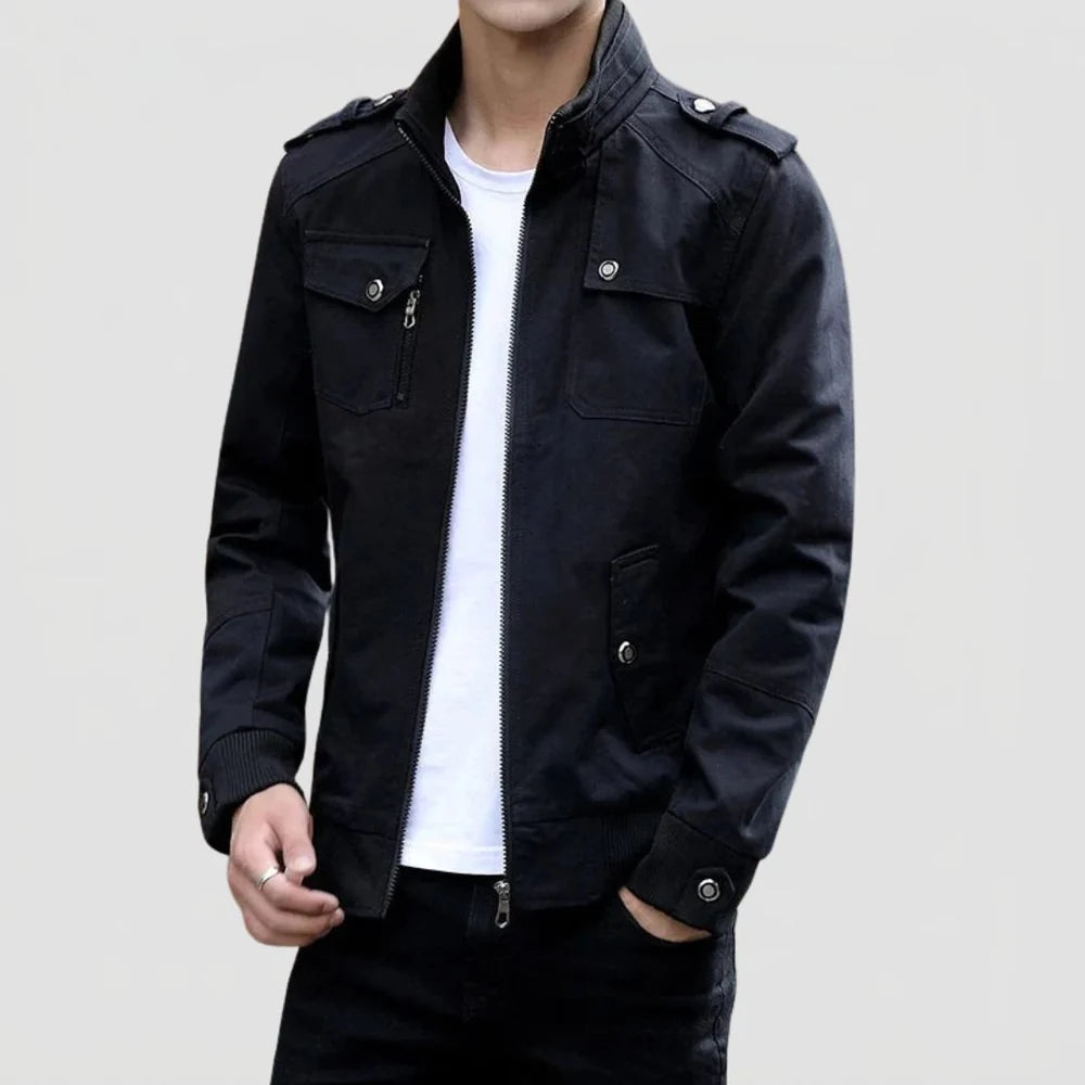 Men's Bomber Jacket with Zip Closure and Stand Collar