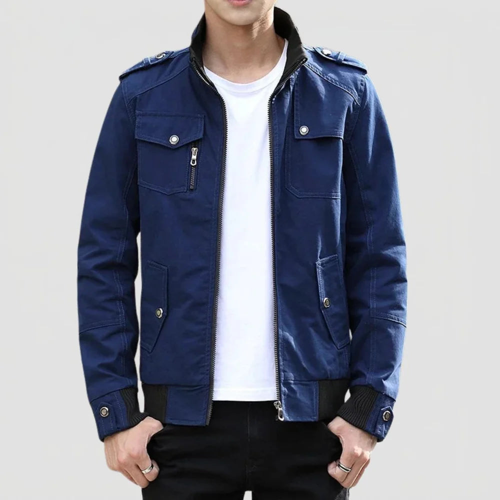 Men's Bomber Jacket with Zip Closure and Stand Collar