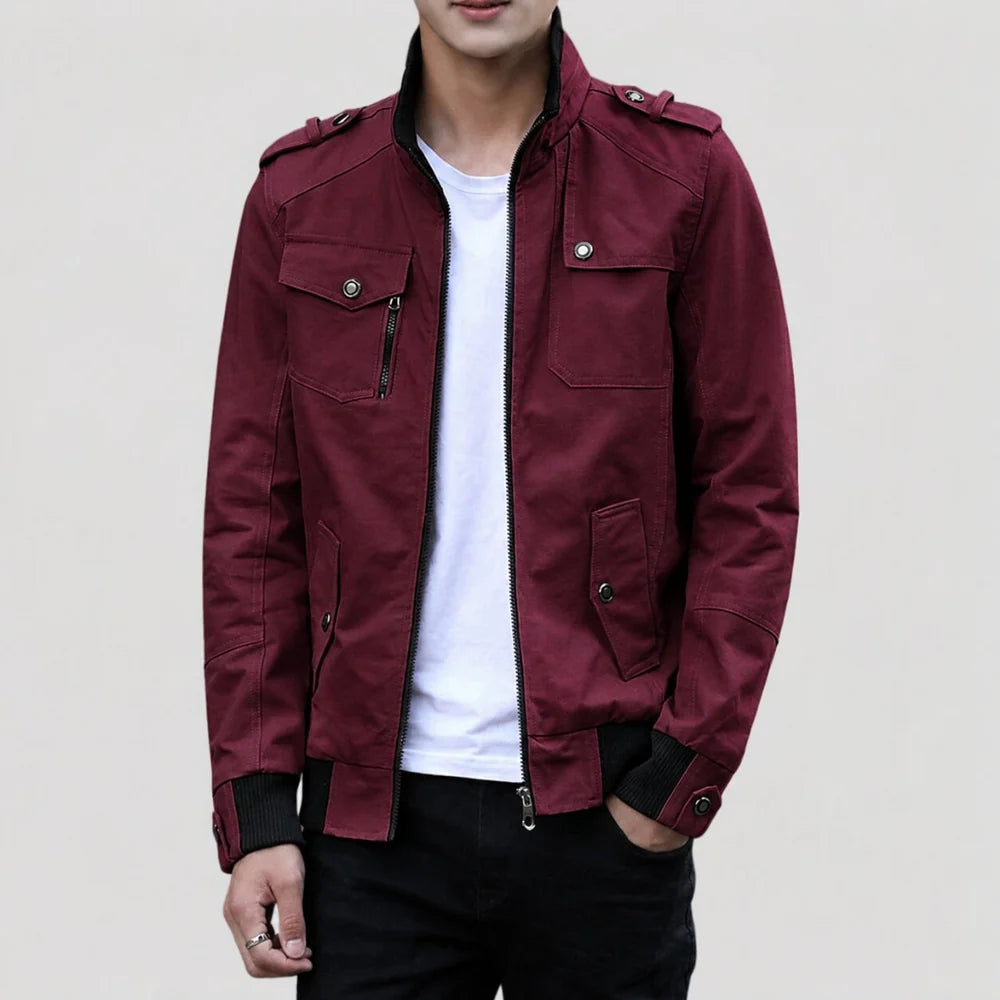 Men's Bomber Jacket with Zip Closure and Stand Collar
