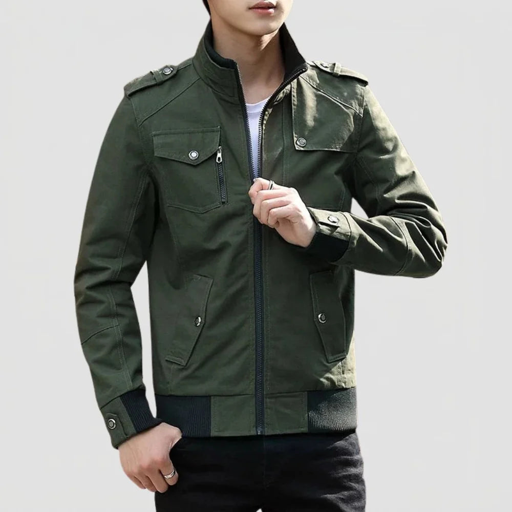 Men's Bomber Jacket with Zip Closure and Stand Collar