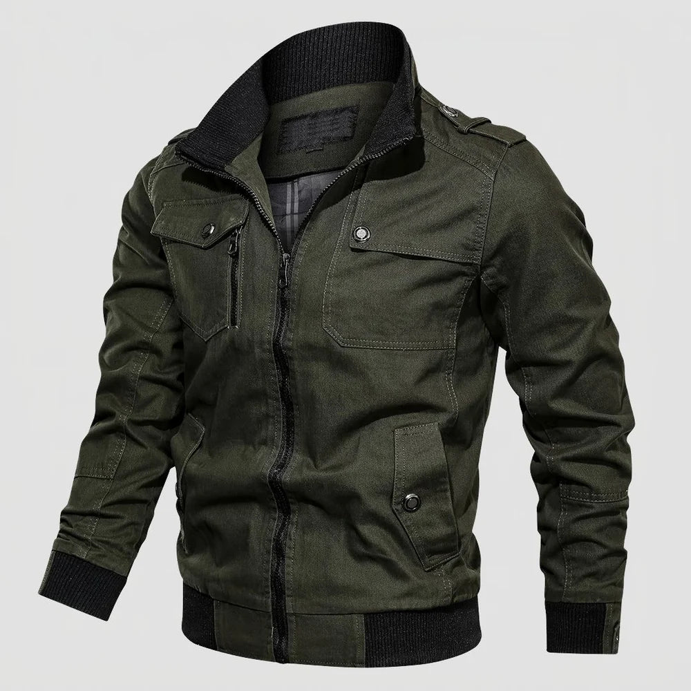 Men's Bomber Jacket with Zip Closure and Stand Collar