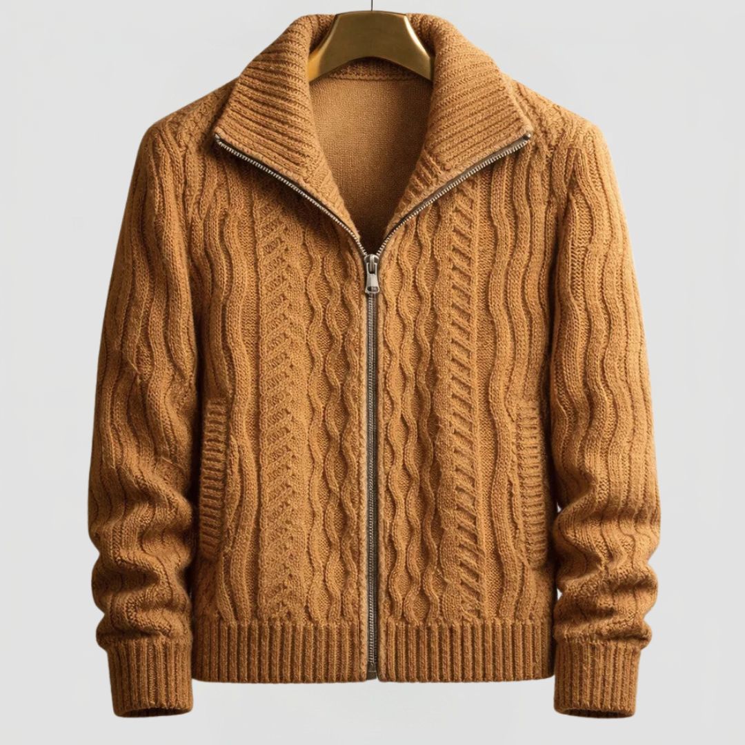 Men's Cable Knit Cardigan with Zip Closure and High Collar