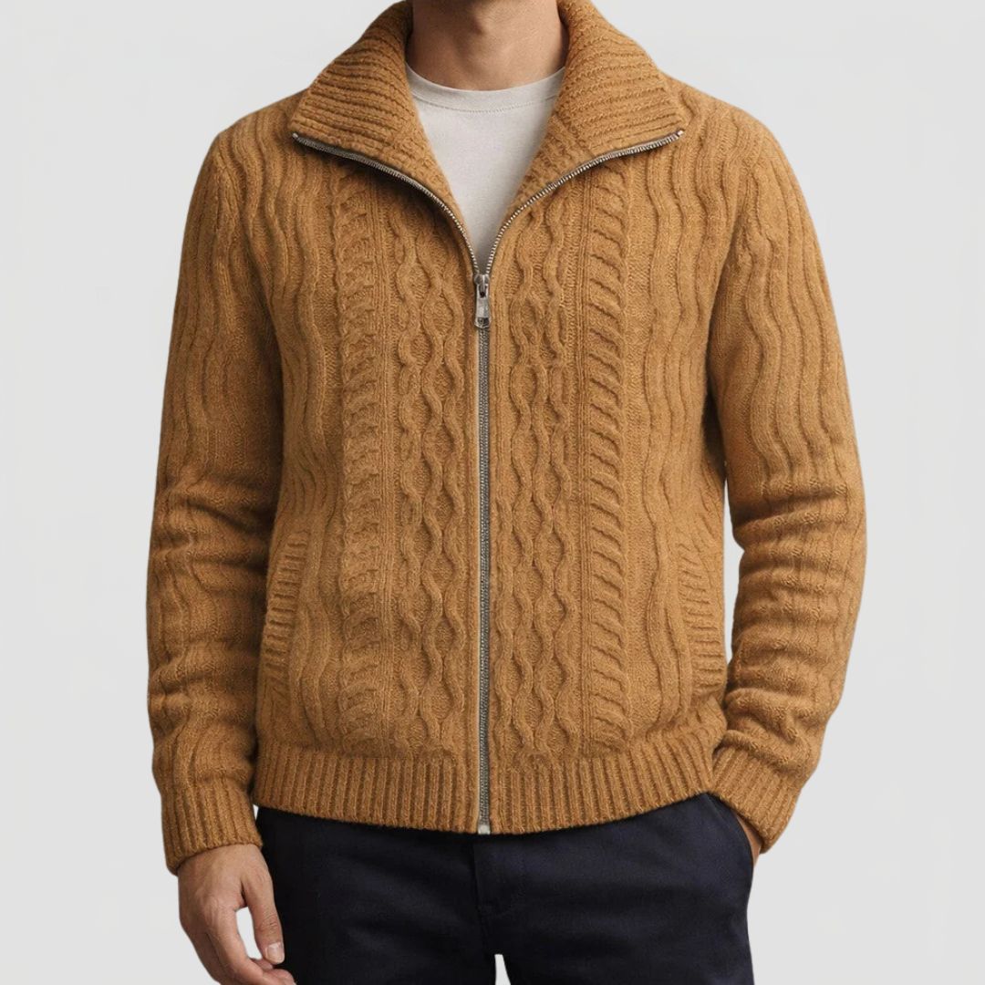 Men's Cable Knit Cardigan with Zip Closure and High Collar