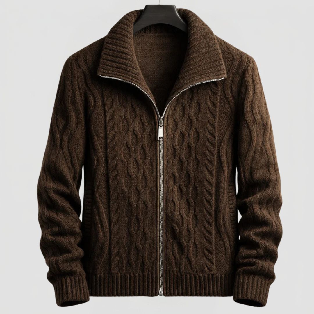 Men's Cable Knit Cardigan with Zip Closure and High Collar