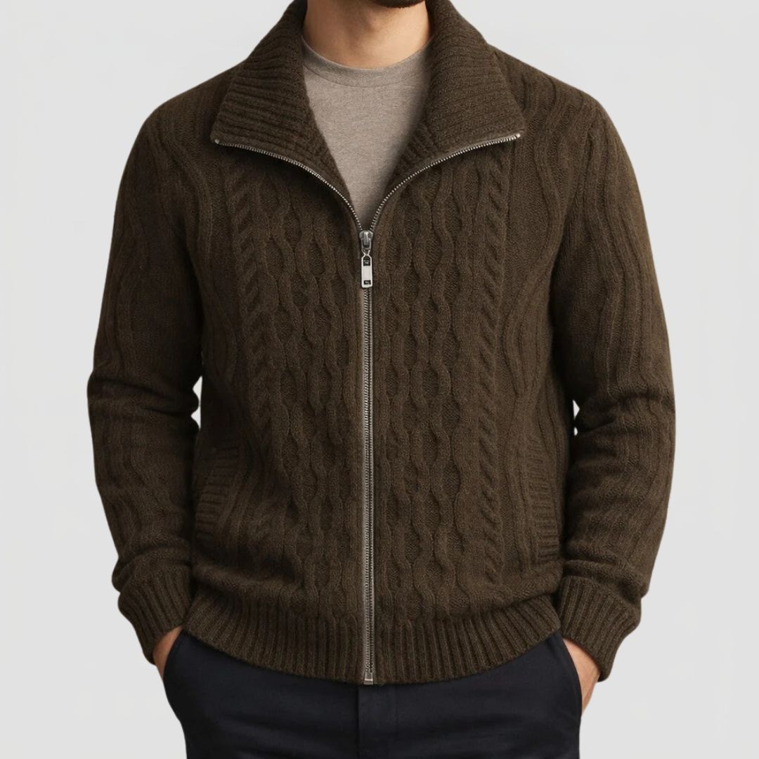 Men's Cable Knit Cardigan with Zip Closure and High Collar