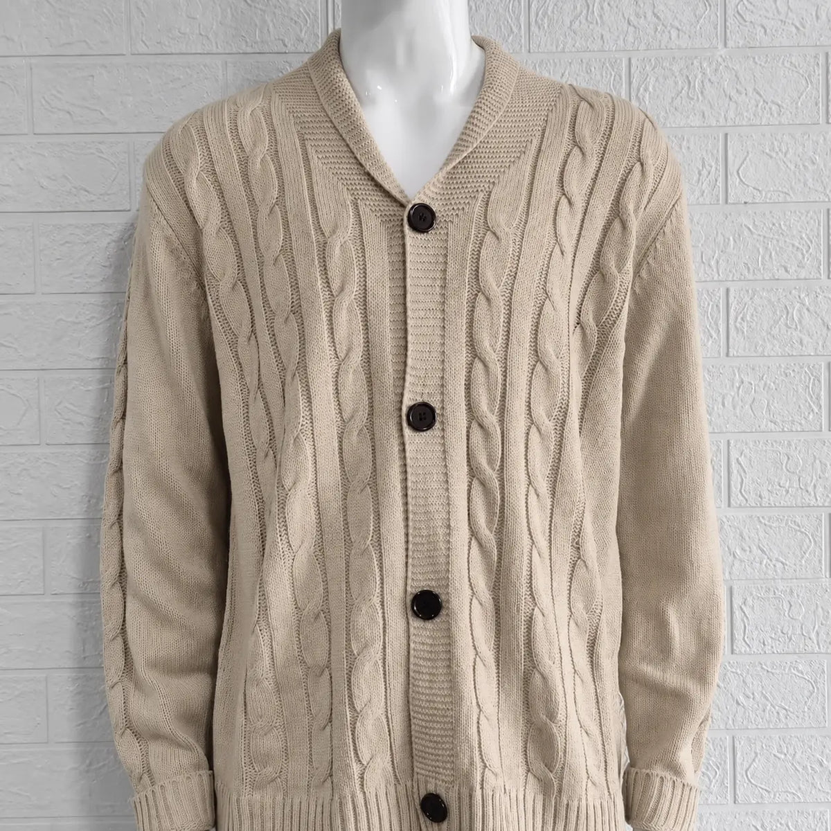 Men's Cable Knit V-Neck Cardigan with Button Closure
