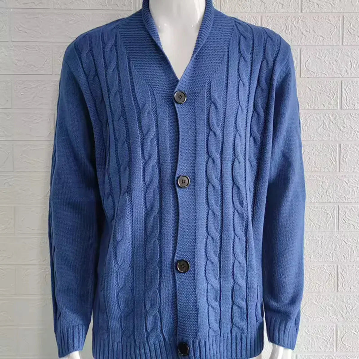 Men's Cable Knit V-Neck Cardigan with Button Closure