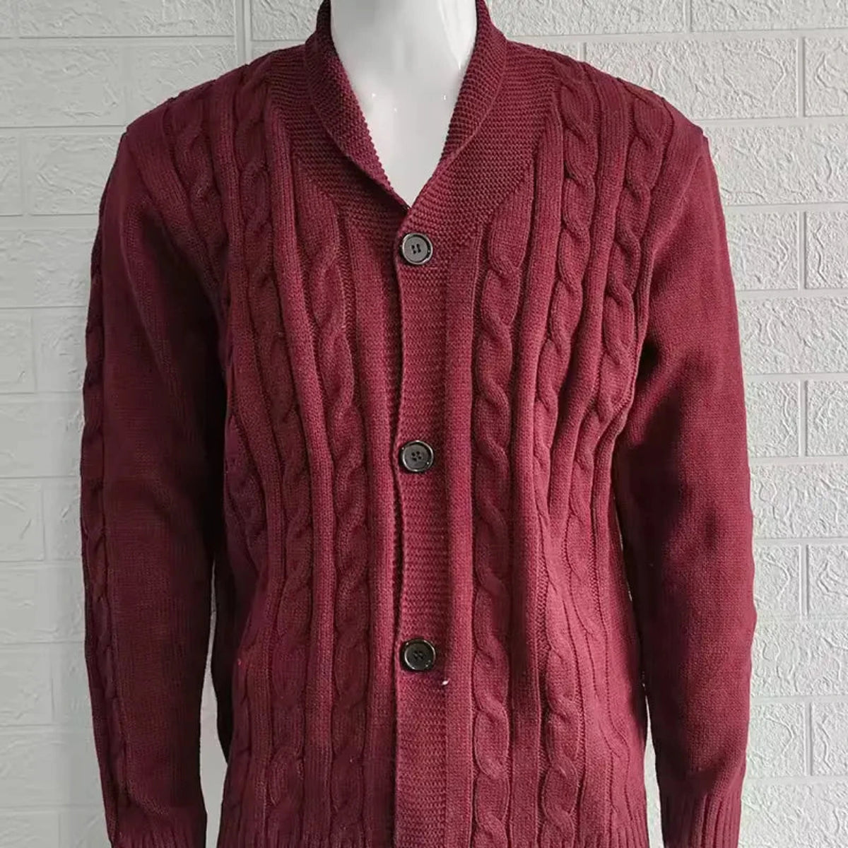 Men's Cable Knit V-Neck Cardigan with Button Closure