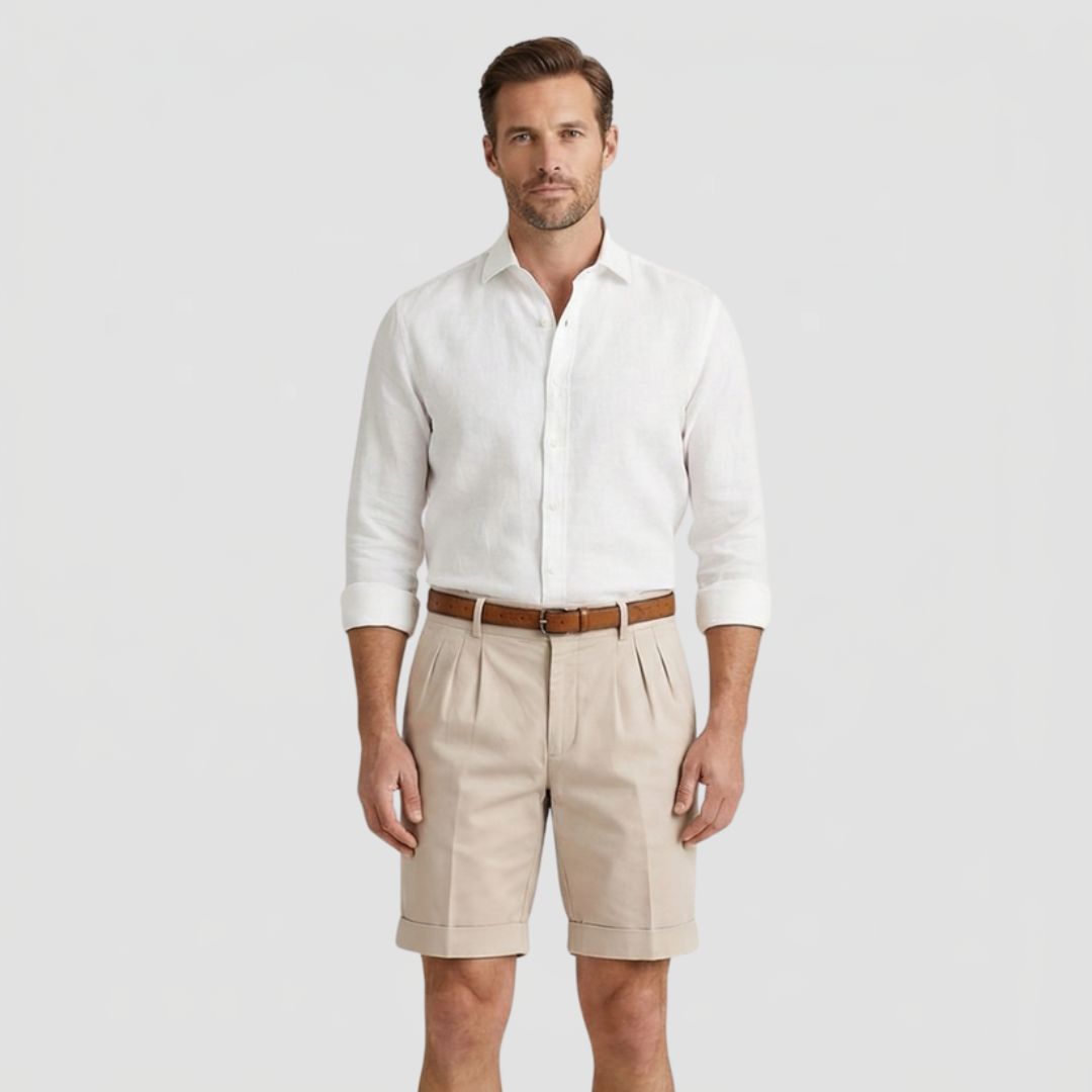 Men's Chino Shorts with Double Pleat and Turn-Up Cuff