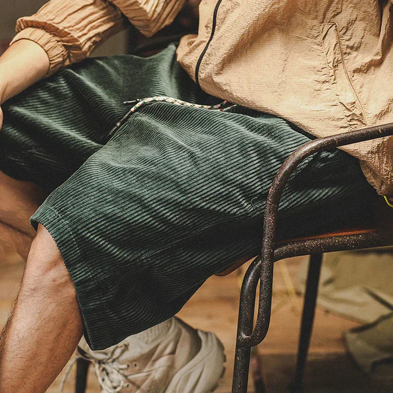 Men's Corduroy Shorts with Elasticated Drawstring Waist and Turned-Up Hem