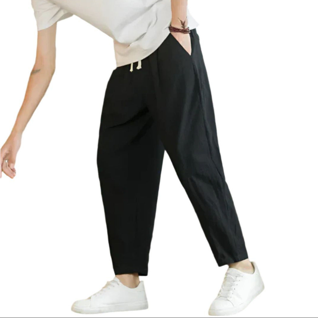 Men's Cotton Trousers with Drawstring Waist and Wide Leg