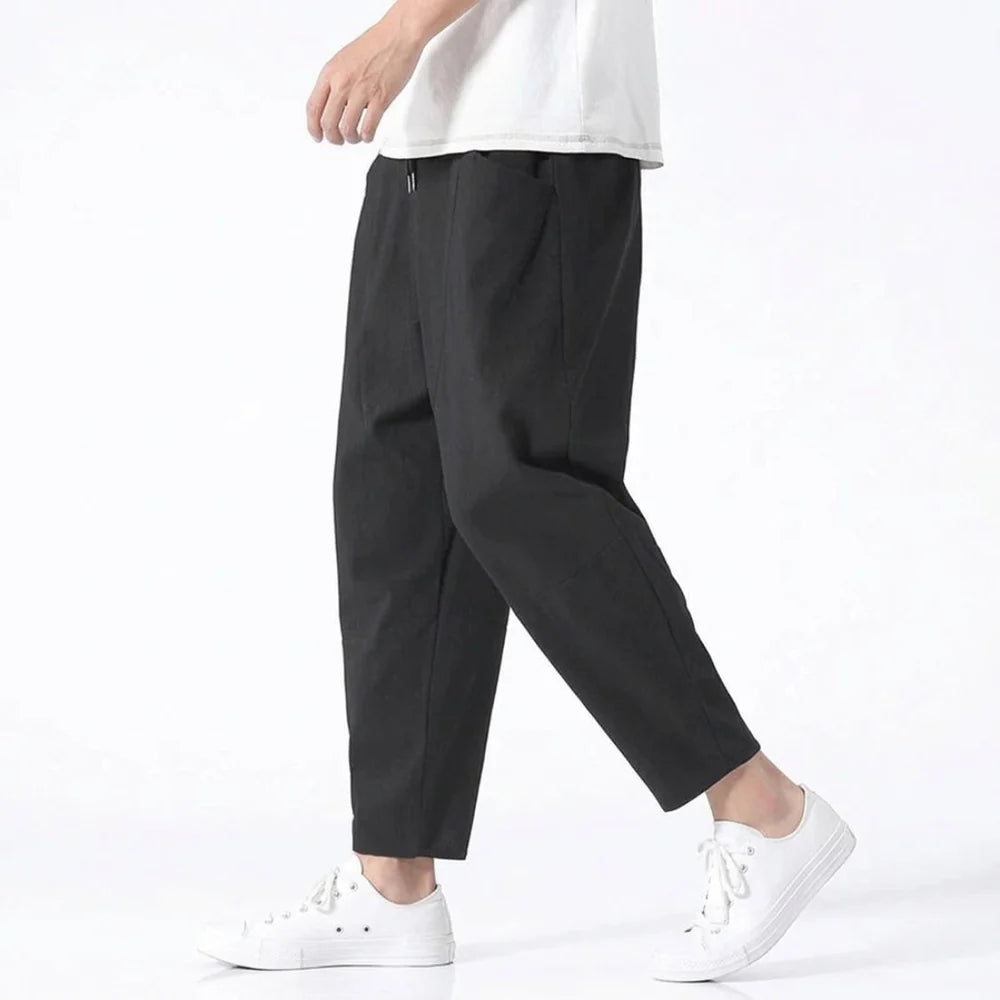 Men's Cropped Trousers with Drawstring Waist and Tapered Leg
