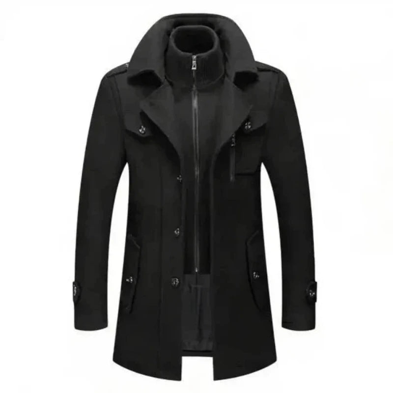 Men's Double Collar Coat with Zip and Button Closure