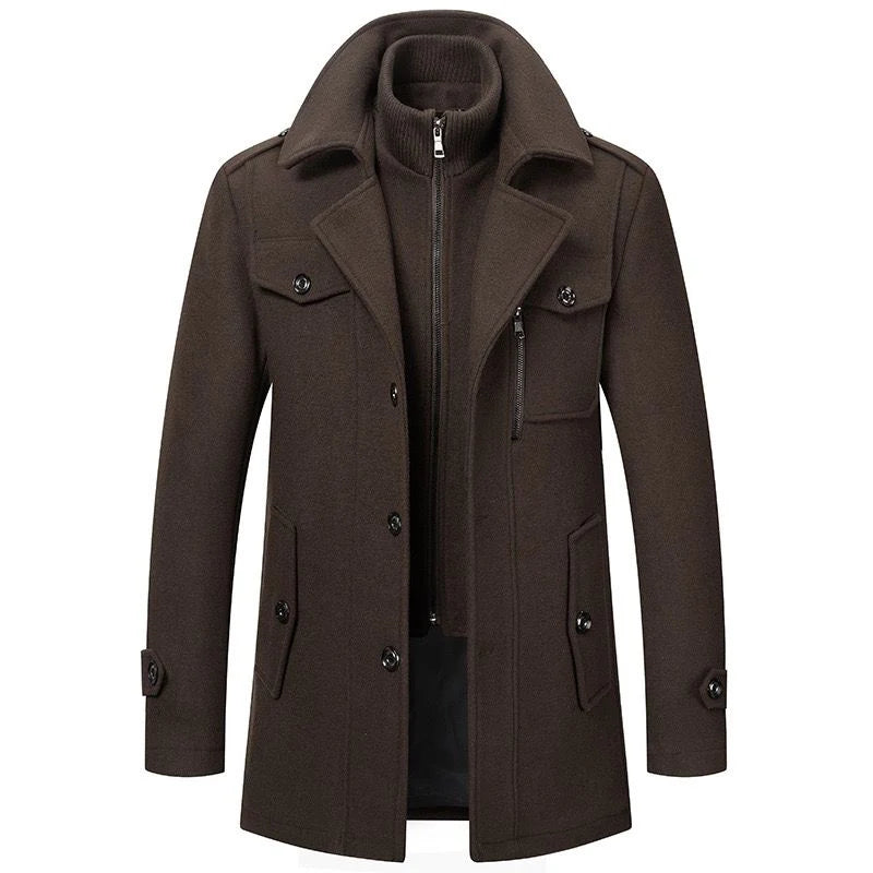Men's Double Collar Coat with Zip and Button Closure