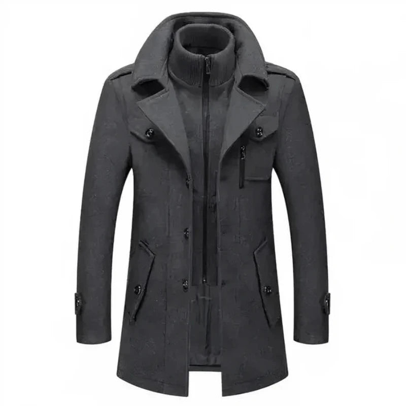 Men's Double Collar Coat with Zip and Button Closure