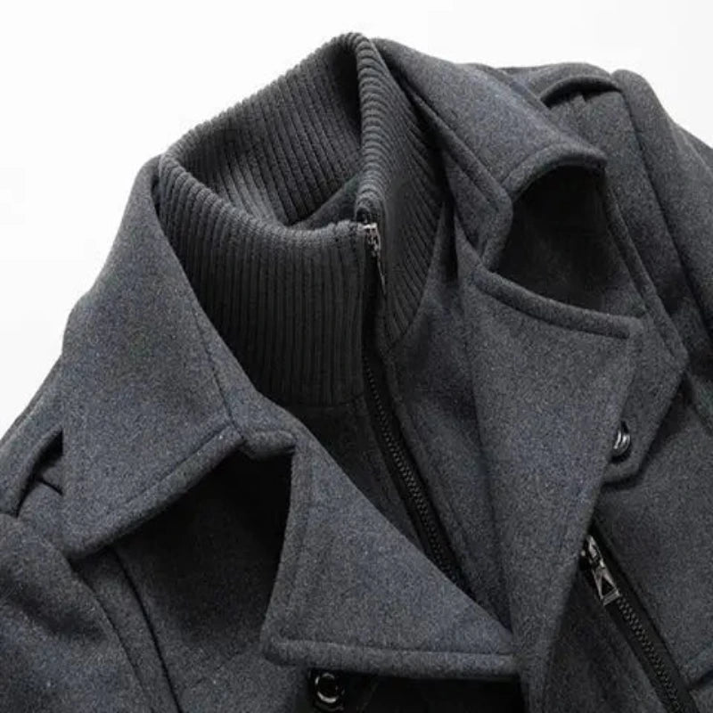 Men's Double Collar Coat with Zip and Button Closure