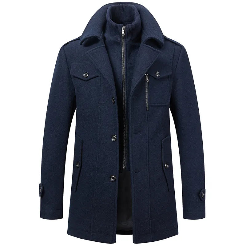 Men's Double Collar Coat with Zip and Button Closure