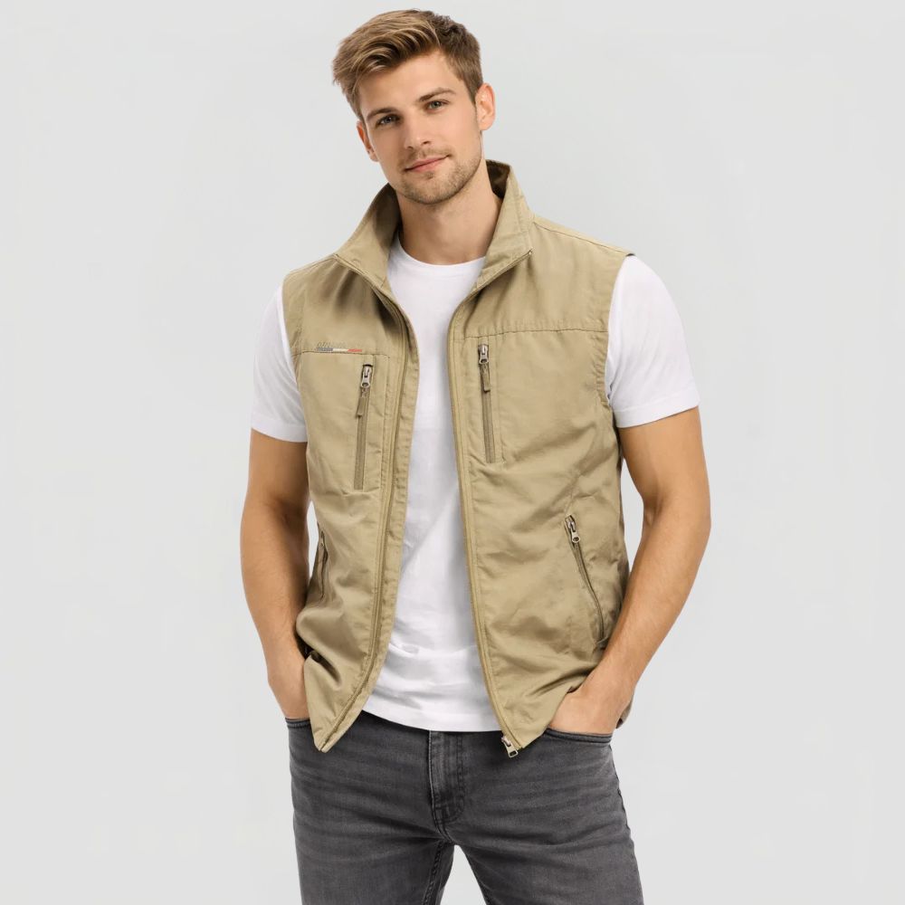 Men's Gilet with Stand Collar and Zip Closure