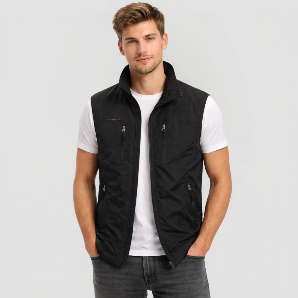 Men's Gilet with Stand Collar and Zip Closure
