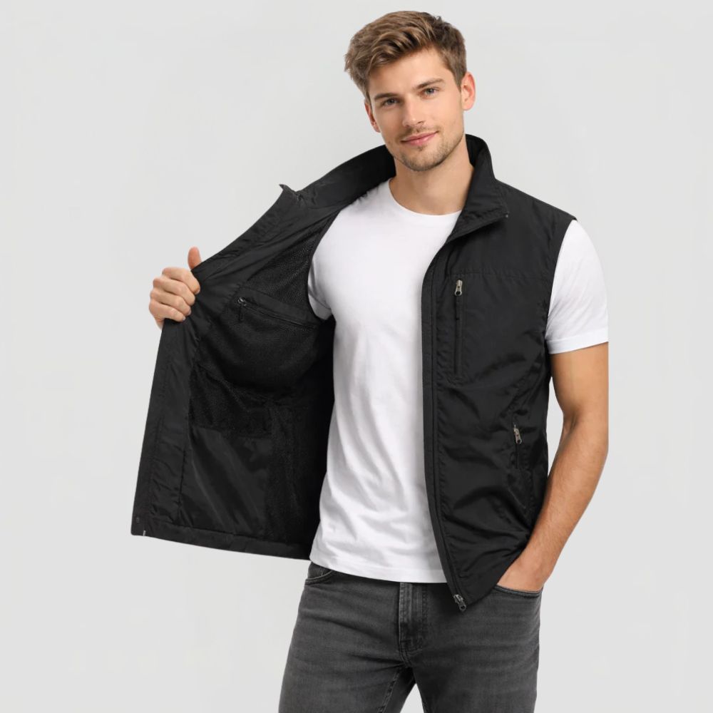Men's Gilet with Stand Collar and Zip Closure