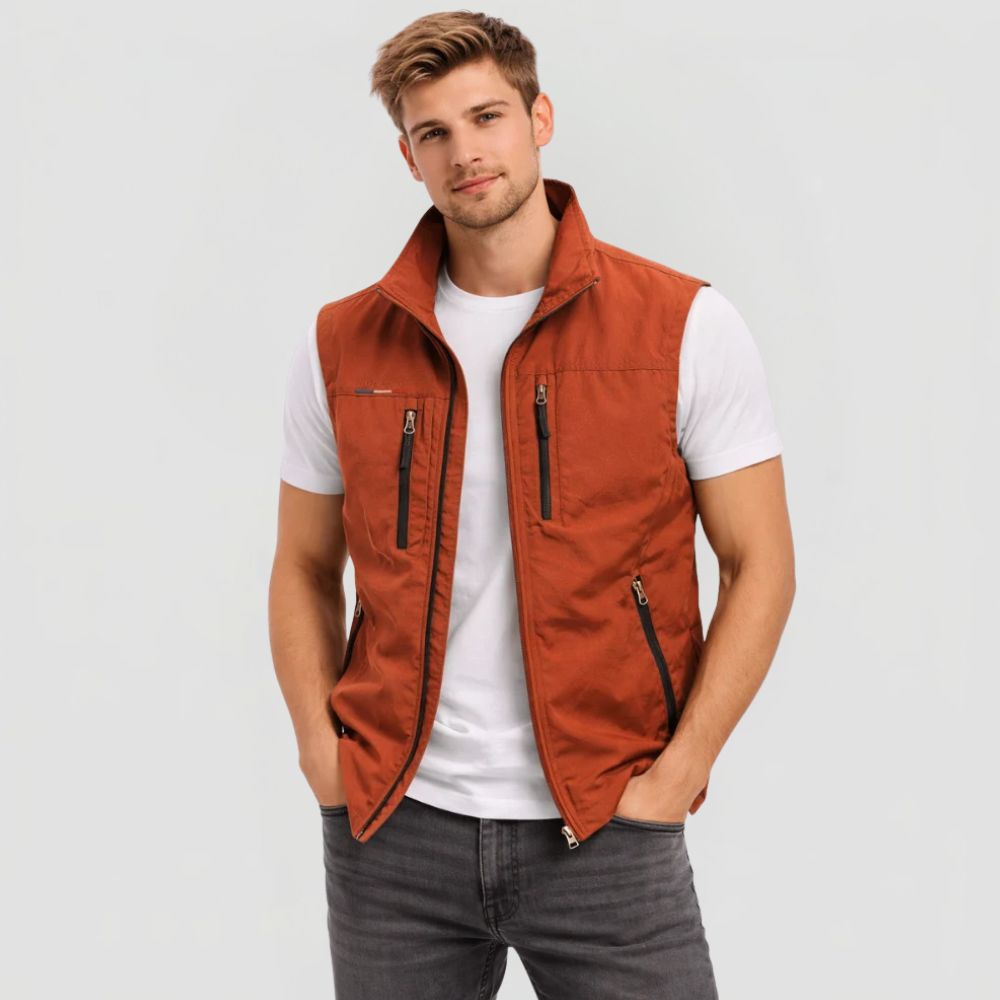 Men's Gilet with Stand Collar and Zip Closure
