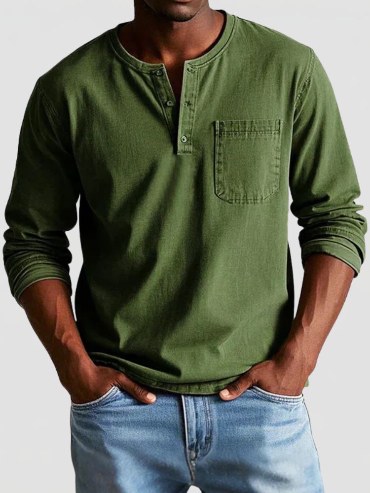Men's Henley Shirt with Chest Pocket and Long Sleeves
