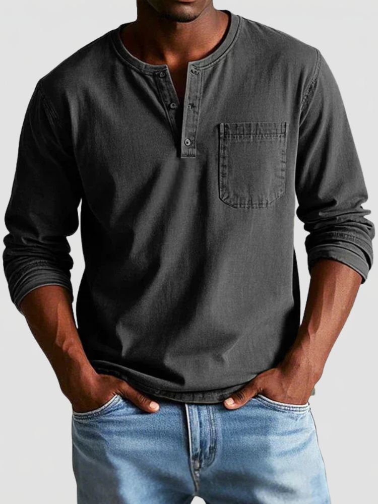 Men's Henley Shirt with Chest Pocket and Long Sleeves