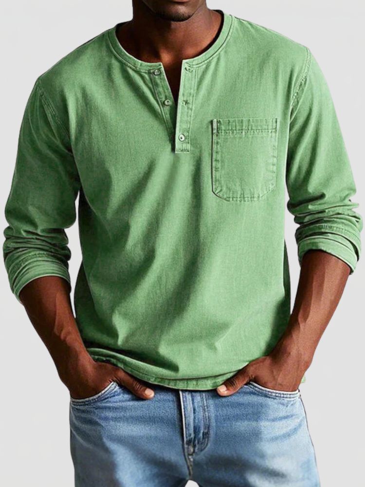 Men's Henley Shirt with Chest Pocket and Long Sleeves