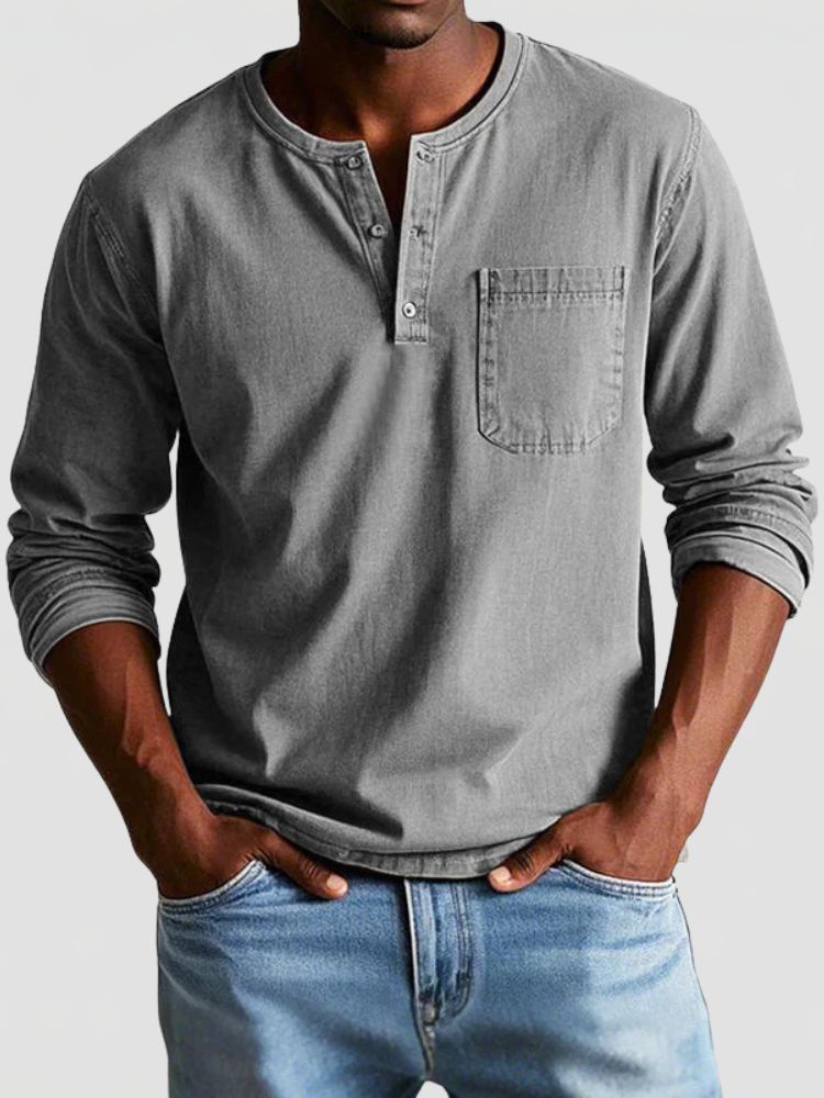 Men's Henley Shirt with Chest Pocket and Long Sleeves