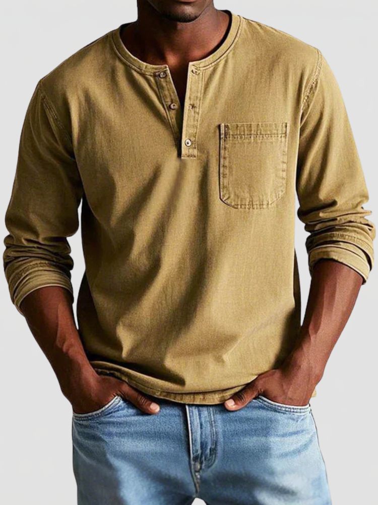 Men's Henley Shirt with Chest Pocket and Long Sleeves