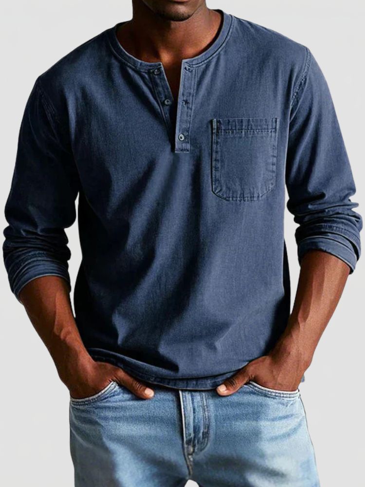 Men's Henley Shirt with Chest Pocket and Long Sleeves